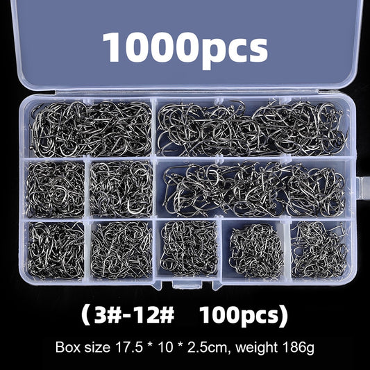 600/1000pcs Box Fishing Hooks Set High Carbon Steel Sharp Durable Barbed